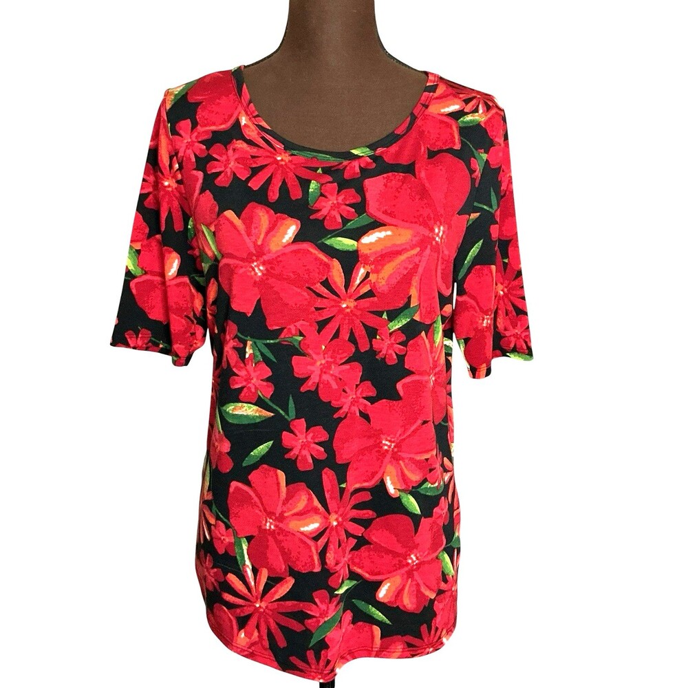 Lula Roe Women Top Size L Red Flowers Shirt Sleeves T Shirt Causal Jersey